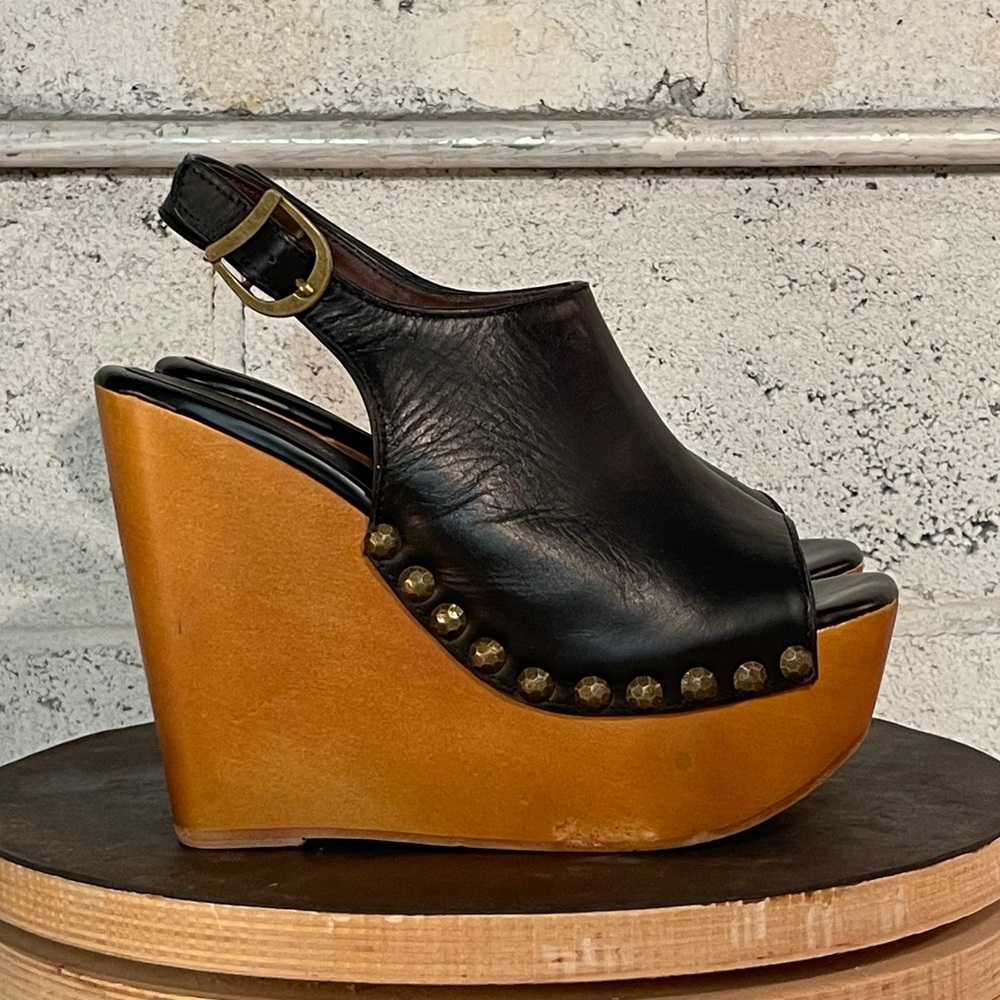 JEFFREY CAMPBELL Black Leather Wooden Wedge Platform